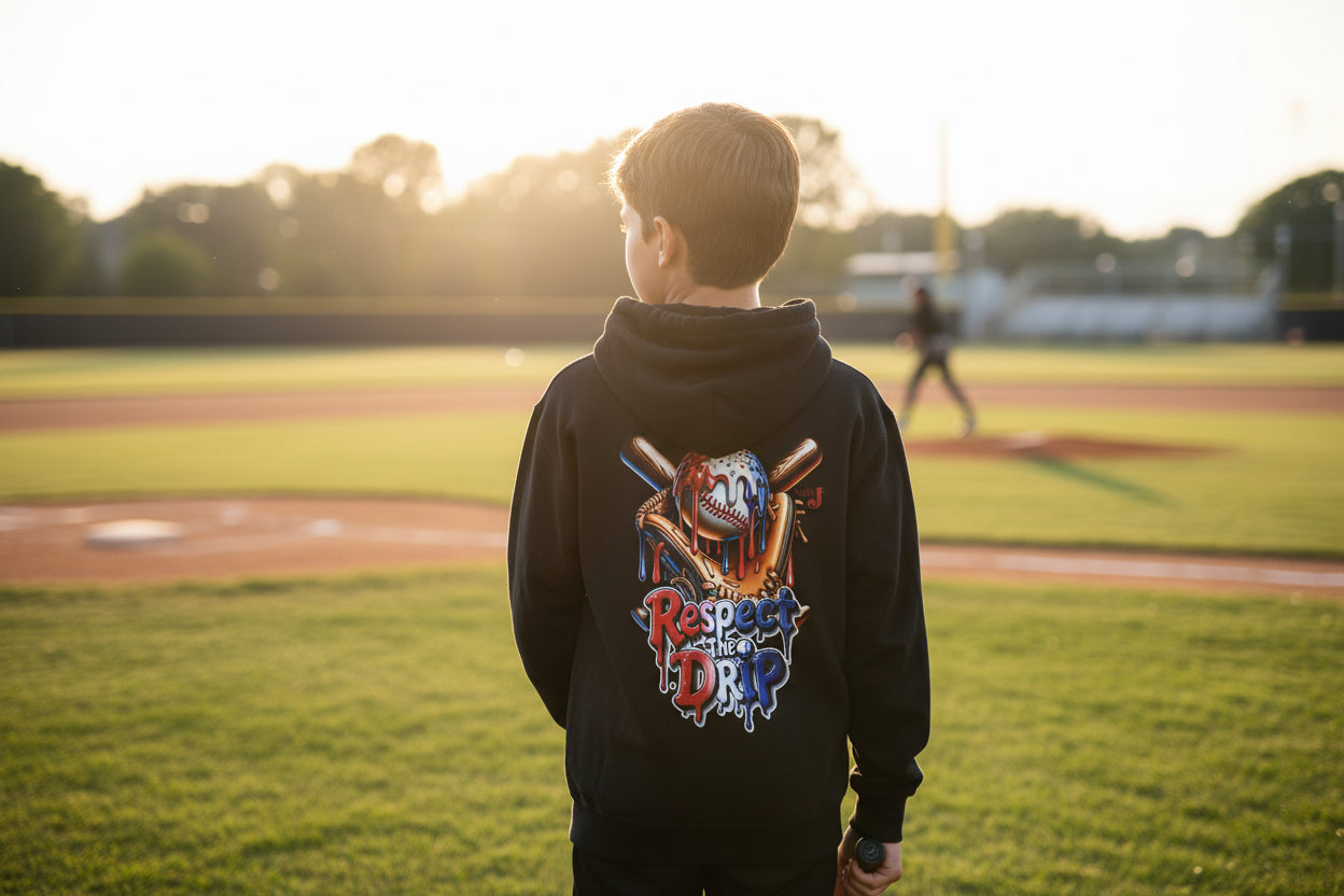 Respect the Drip Youth Baseball Hoodie – Cool Drip Baseball Graphic Hoodie for Boys | Game Day Youth Baseball Sweatshirt