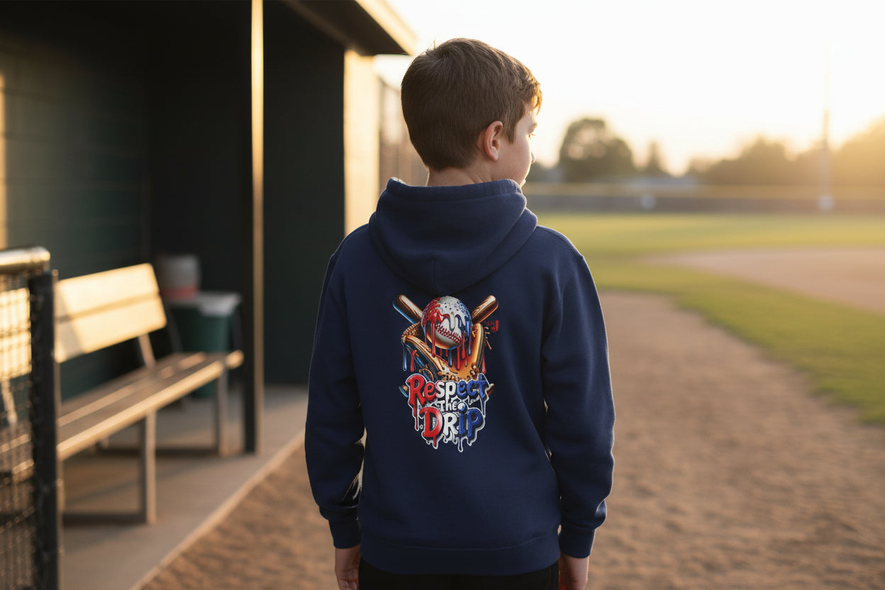 Respect the Drip Youth Baseball Hoodie – Cool Drip Baseball Graphic Hoodie for Boys | Game Day Youth Baseball Sweatshirt