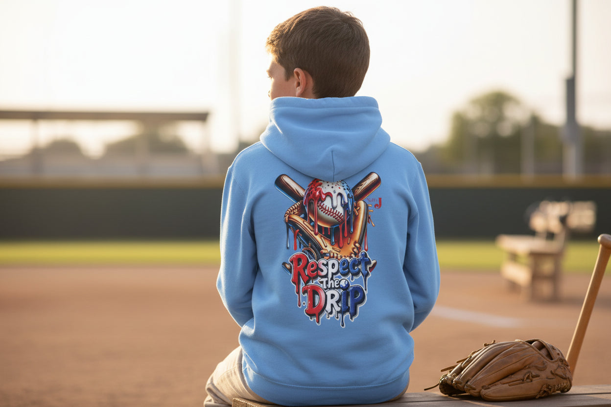 Respect the Drip Youth Baseball Hoodie – Cool Drip Baseball Graphic Hoodie for Boys | Game Day Youth Baseball Sweatshirt