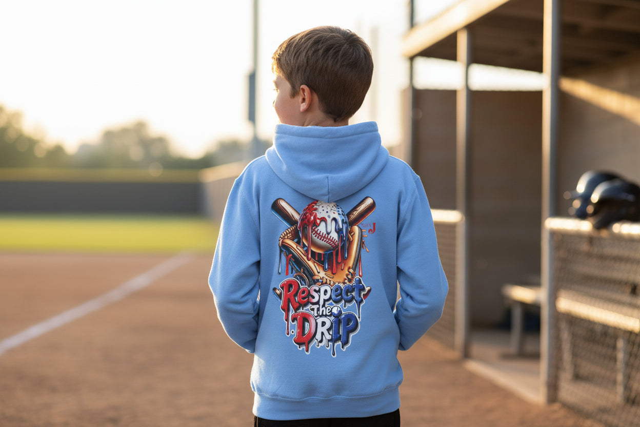 Respect the Drip Youth Baseball Hoodie – Cool Drip Baseball Graphic Hoodie for Boys | Game Day Youth Baseball Sweatshirt