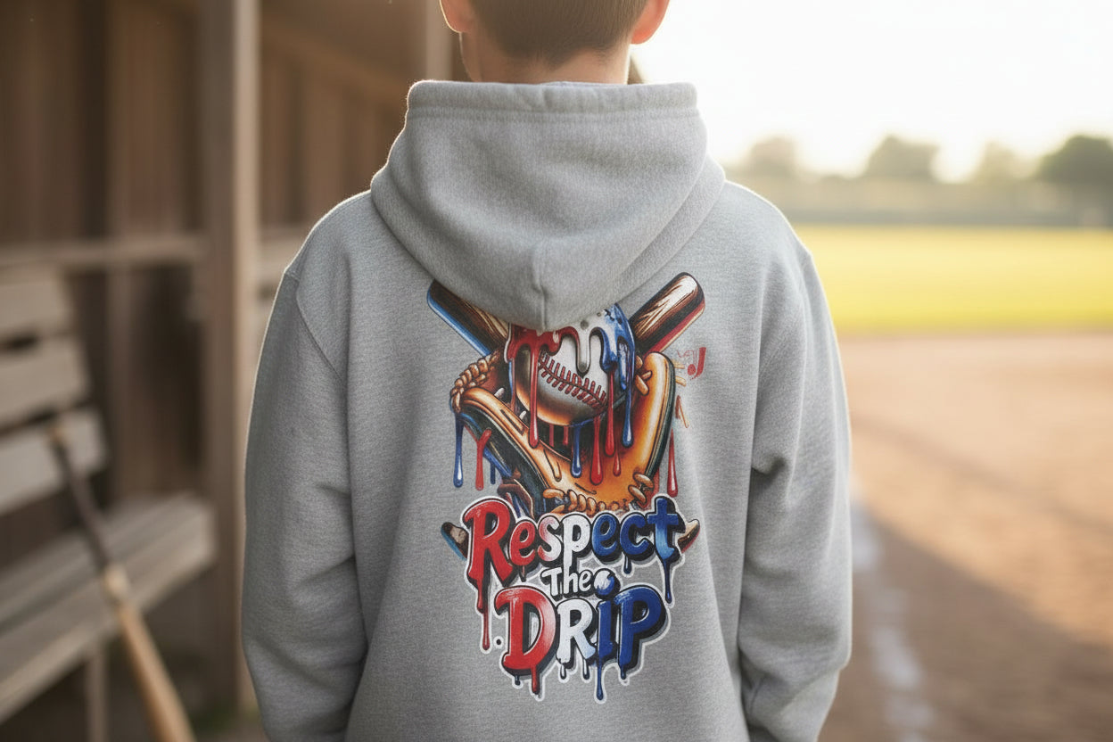 Respect the Drip Youth Baseball Hoodie – Cool Drip Baseball Graphic Hoodie for Boys | Game Day Youth Baseball Sweatshirt