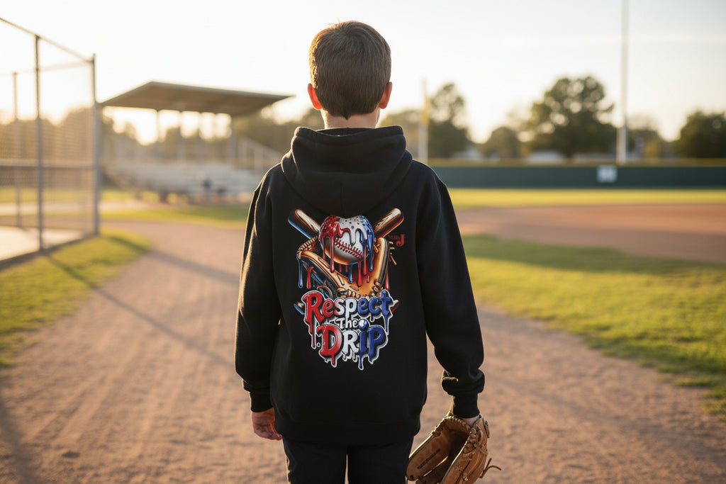 Respect the Drip Youth Baseball Hoodie – Cool Drip Baseball Graphic Hoodie for Boys | Game Day Youth Baseball Sweatshirt