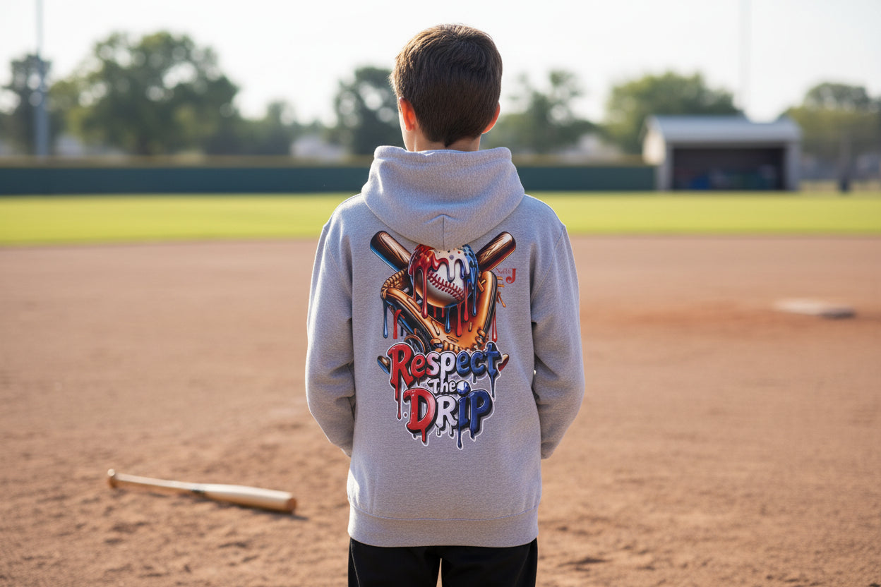 Respect the Drip Youth Baseball Hoodie – Cool Drip Baseball Graphic Hoodie for Boys | Game Day Youth Baseball Sweatshirt
