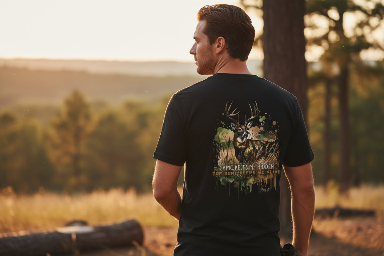 Camo Keeps Me Hidden Hunting T-Shirt – Deer Graphic Outdoor Tee | Natty J’s Men’s Apparel