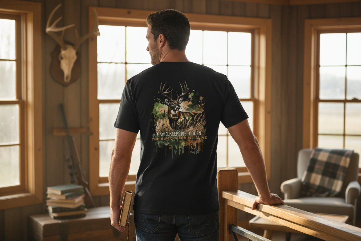 Camo Keeps Me Hidden Hunting T-Shirt – Deer Graphic Outdoor Tee | Natty J’s Men’s Apparel