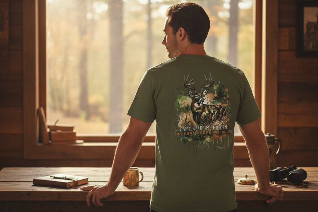 Camo Keeps Me Hidden Hunting T-Shirt – Deer Graphic Outdoor Tee | Natty J’s Men’s Apparel