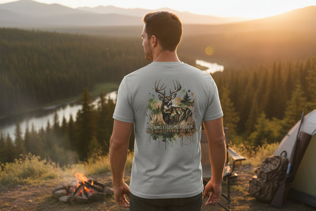Camo Keeps Me Hidden Hunting T-Shirt – Deer Graphic Outdoor Tee | Natty J’s Men’s Apparel