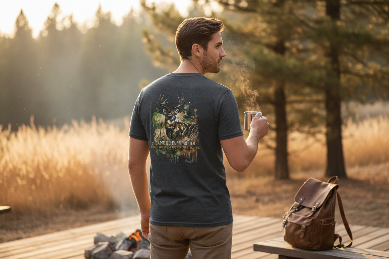 Camo Keeps Me Hidden Hunting T-Shirt – Deer Graphic Outdoor Tee | Natty J’s Men’s Apparel
