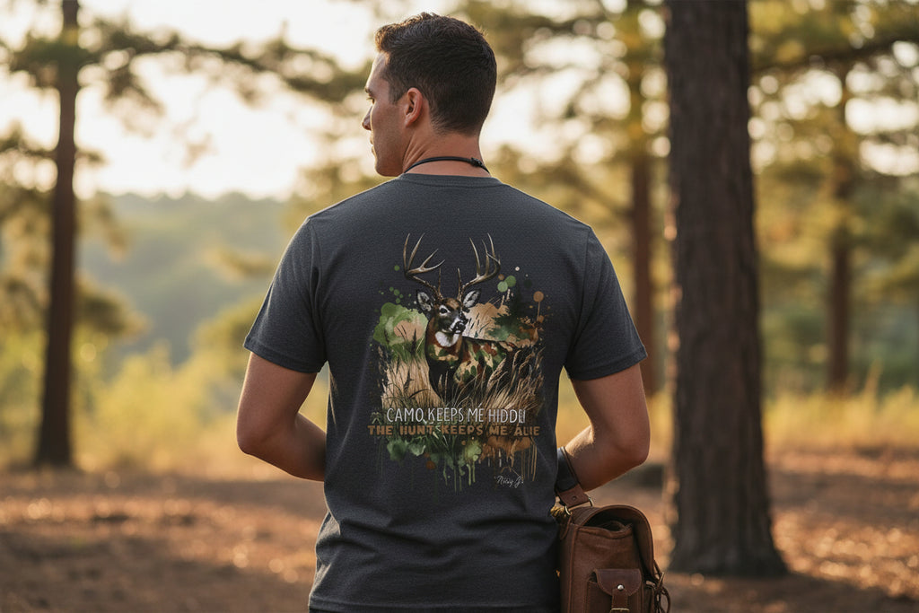 Camo Keeps Me Hidden Hunting T-Shirt – Deer Graphic Outdoor Tee | Natty J’s Men’s Apparel