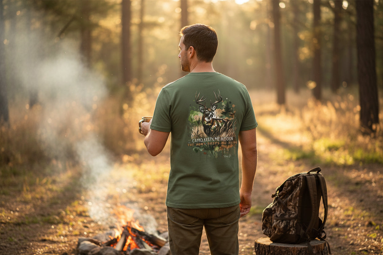 Camo Keeps Me Hidden Hunting T-Shirt – Deer Graphic Outdoor Tee | Natty J’s Men’s Apparel
