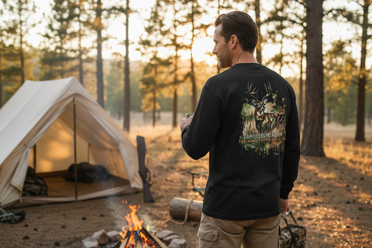 Camo Keeps Me Hidden Long Sleeve Hunting Shirt – Deer Graphic Outdoor Long Sleeve Tee | Natty J’s