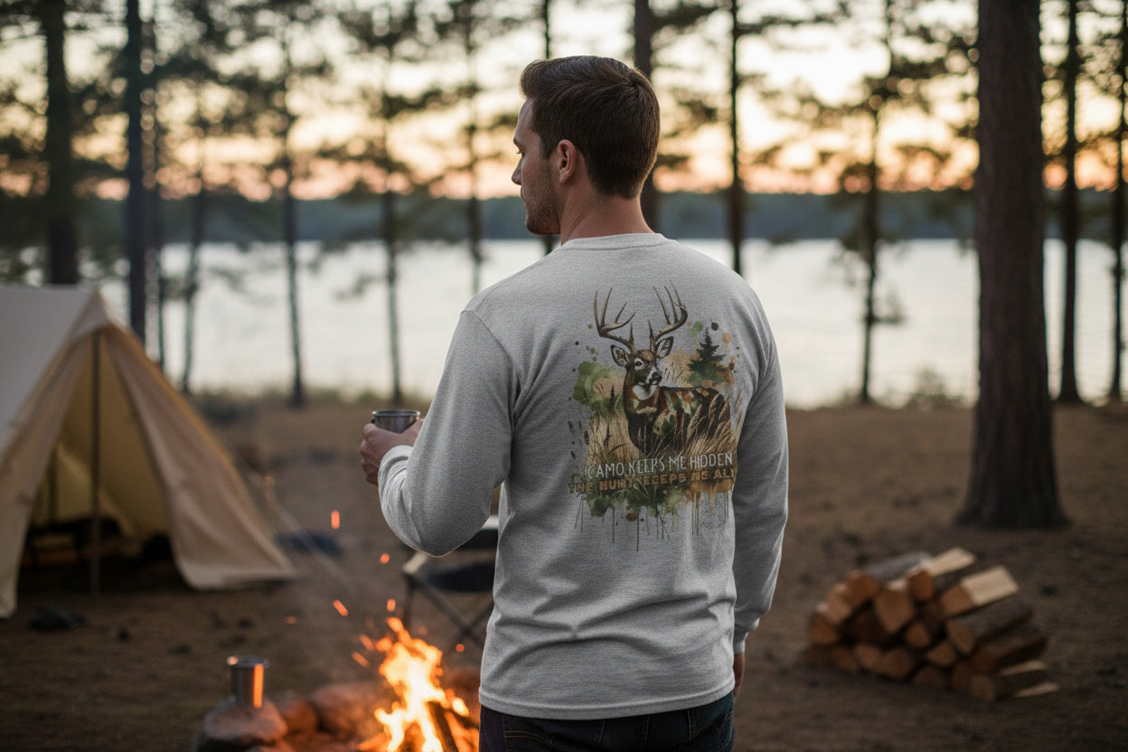 Camo Keeps Me Hidden Long Sleeve Hunting Shirt – Deer Graphic Outdoor Long Sleeve Tee | Natty J’s