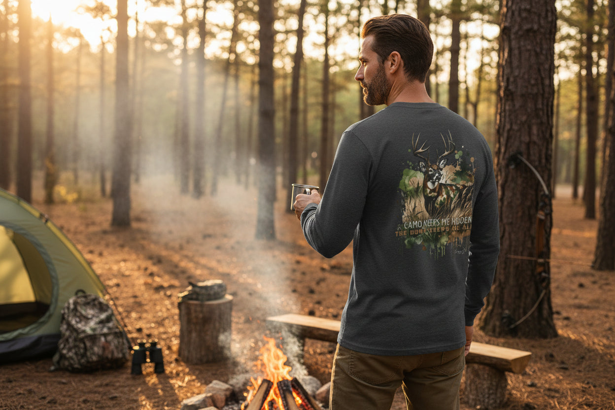 Camo Keeps Me Hidden Long Sleeve Hunting Shirt – Deer Graphic Outdoor Long Sleeve Tee | Natty J’s