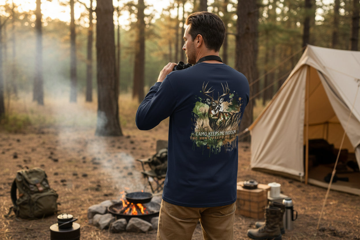 Camo Keeps Me Hidden Long Sleeve Hunting Shirt – Deer Graphic Outdoor Long Sleeve Tee | Natty J’s