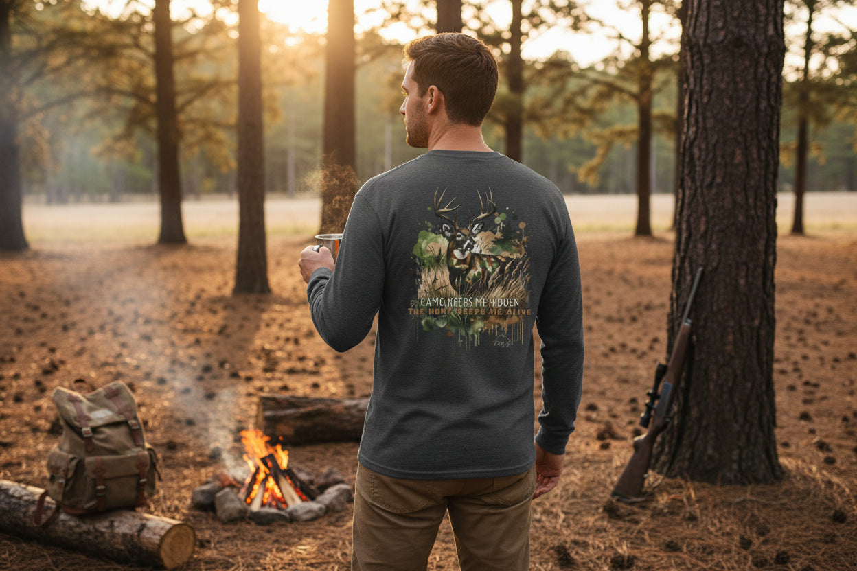 Camo Keeps Me Hidden Long Sleeve Hunting Shirt – Deer Graphic Outdoor Long Sleeve Tee | Natty J’s