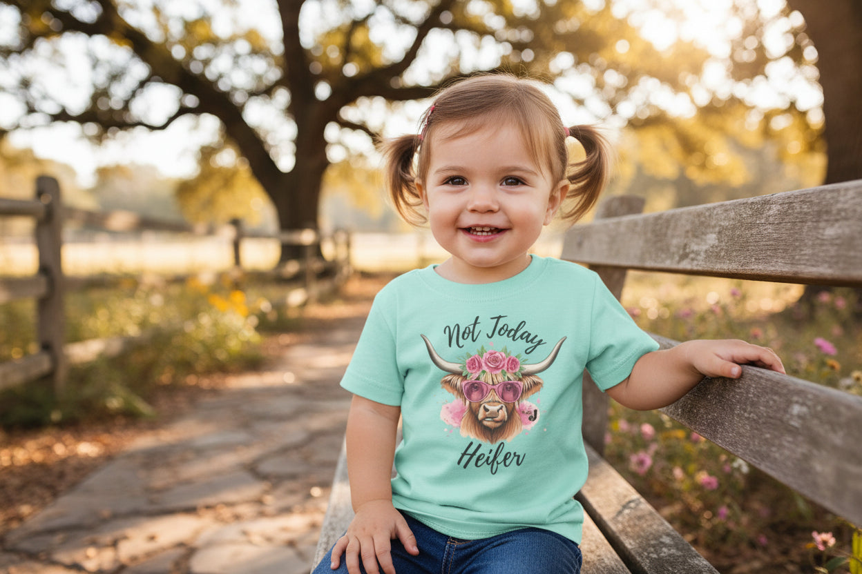 Not Today Heifer Toddler Shirt | Funny Western Cow Graphic Tee for Girls | Cute Country Farm Boutique Kids T-Shirt