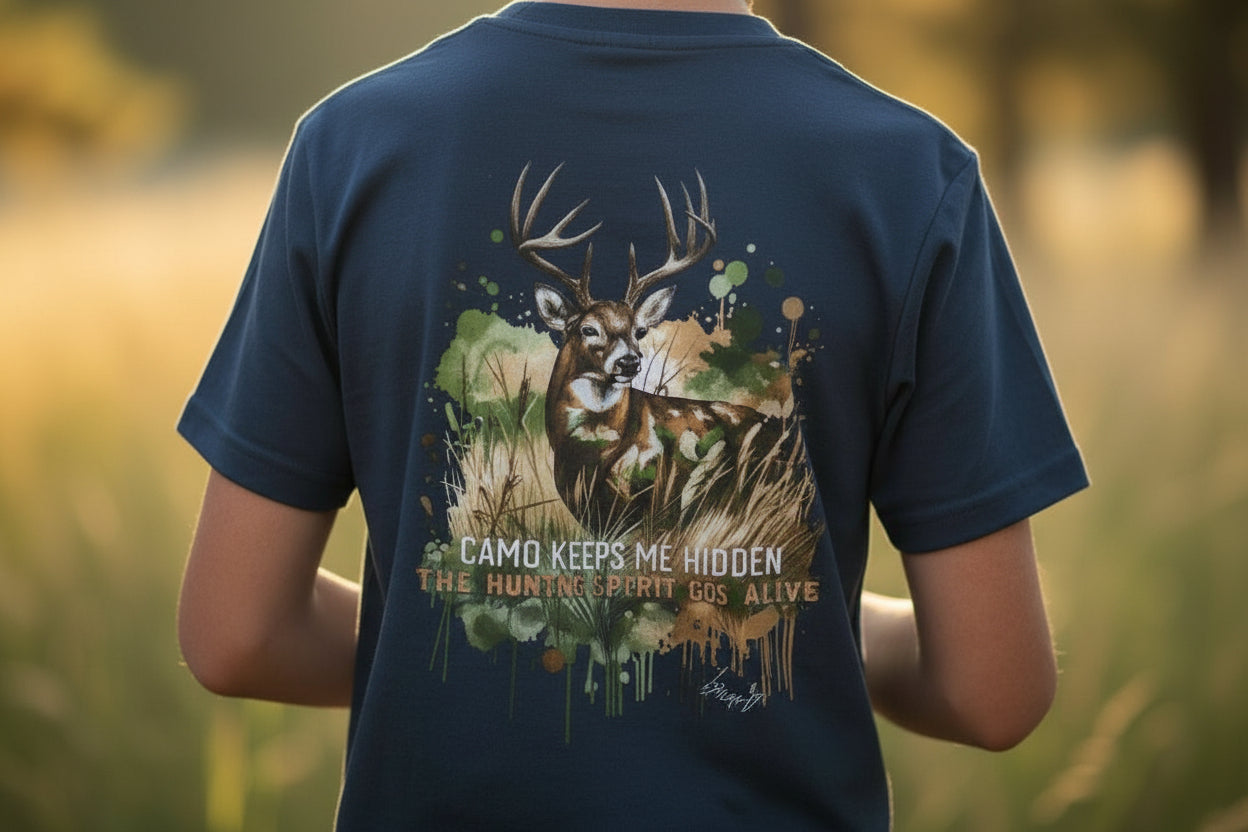 Youth Camo Keeps Me Hidden Long Sleeve Shirt – Deer Hunting Graphic Long Sleeve Tee | Natty J’s