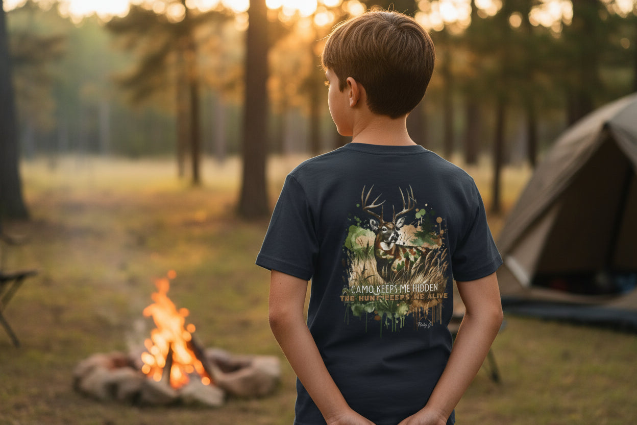 Youth Camo Keeps Me Hidden Long Sleeve Shirt – Deer Hunting Graphic Long Sleeve Tee | Natty J’s