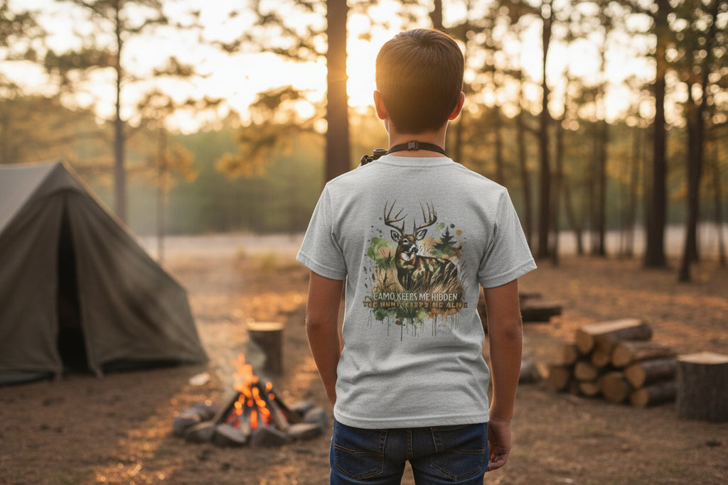 Youth Camo Keeps Me Hidden Long Sleeve Shirt – Deer Hunting Graphic Long Sleeve Tee | Natty J’s