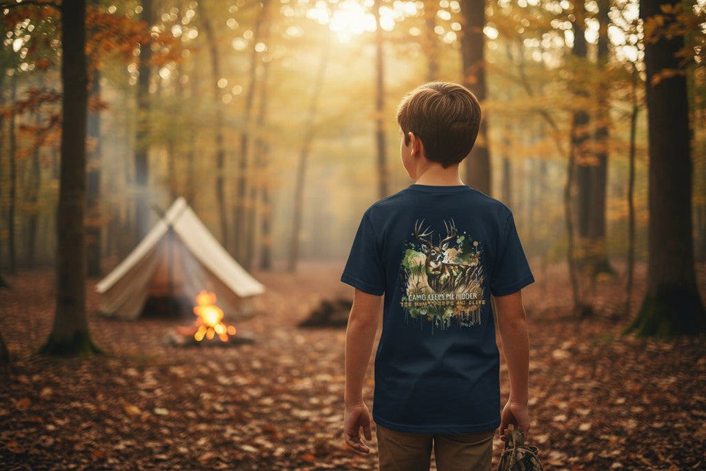 Youth Camo Keeps Me Hidden Long Sleeve Shirt – Deer Hunting Graphic Long Sleeve Tee | Natty J’s