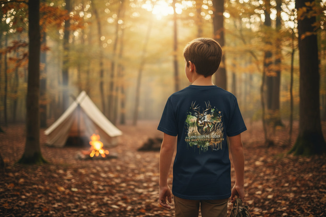 Youth Camo Keeps Me Hidden Long Sleeve Shirt – Deer Hunting Graphic Long Sleeve Tee | Natty J’s