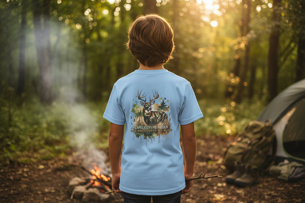 Youth Camo Keeps Me Hidden Long Sleeve Shirt – Deer Hunting Graphic Long Sleeve Tee | Natty J’s