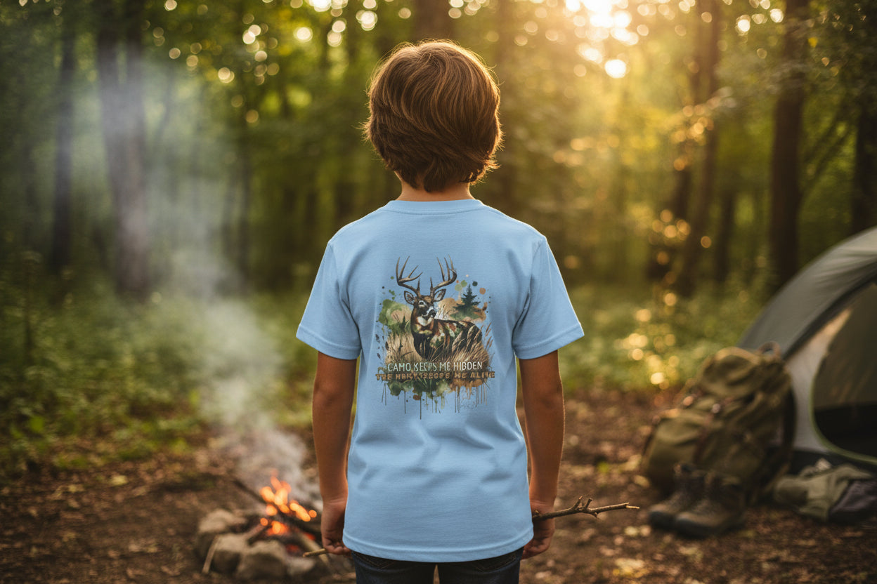 Youth Camo Keeps Me Hidden Long Sleeve Shirt – Deer Hunting Graphic Long Sleeve Tee | Natty J’s