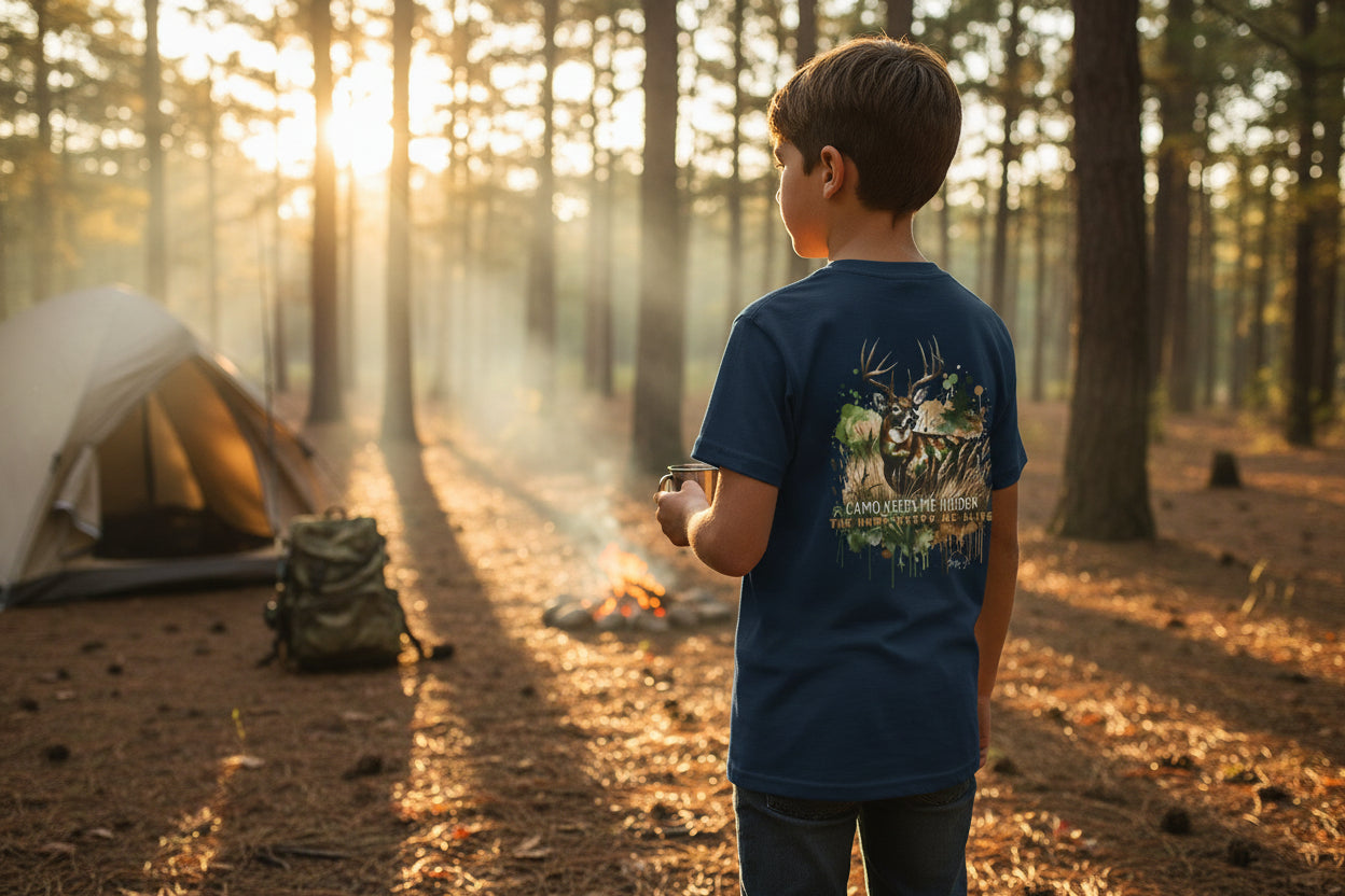 Youth Camo Keeps Me Hidden Long Sleeve Shirt – Deer Hunting Graphic Long Sleeve Tee | Natty J’s