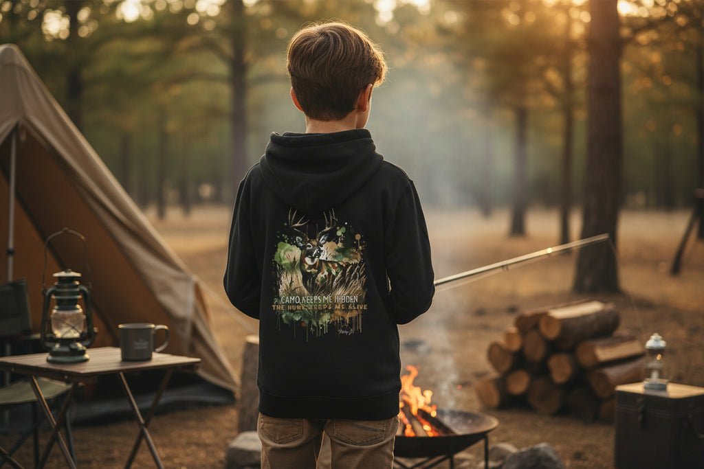 Youth Camo Keeps Me Hidden Hoodie – Deer Hunting Graphic Hoodie for Kids | Natty J’s Outdoor Apparel