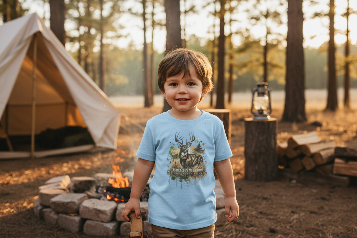 Toddler Camo Keeps Me Hidden T-Shirt – Deer Hunting Graphic Tee for Toddlers | Natty J’s Outdoor Apparel