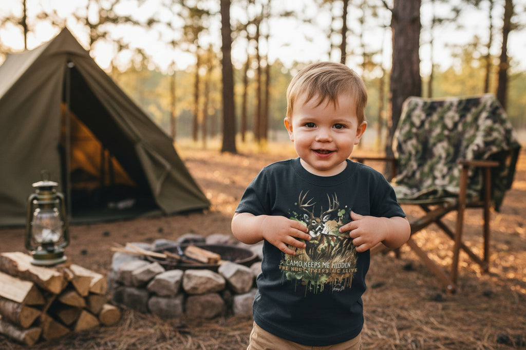 Toddler Camo Keeps Me Hidden T-Shirt – Deer Hunting Graphic Tee for Toddlers | Natty J’s Outdoor Apparel