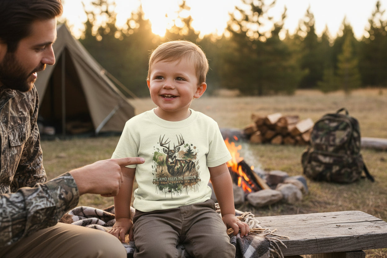 Toddler Camo Keeps Me Hidden T-Shirt – Deer Hunting Graphic Tee for Toddlers | Natty J’s Outdoor Apparel