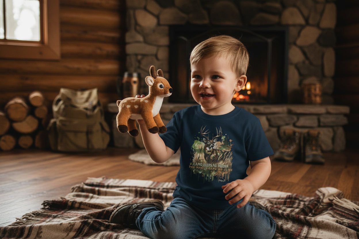 Toddler Camo Keeps Me Hidden T-Shirt – Deer Hunting Graphic Tee for Toddlers | Natty J’s Outdoor Apparel