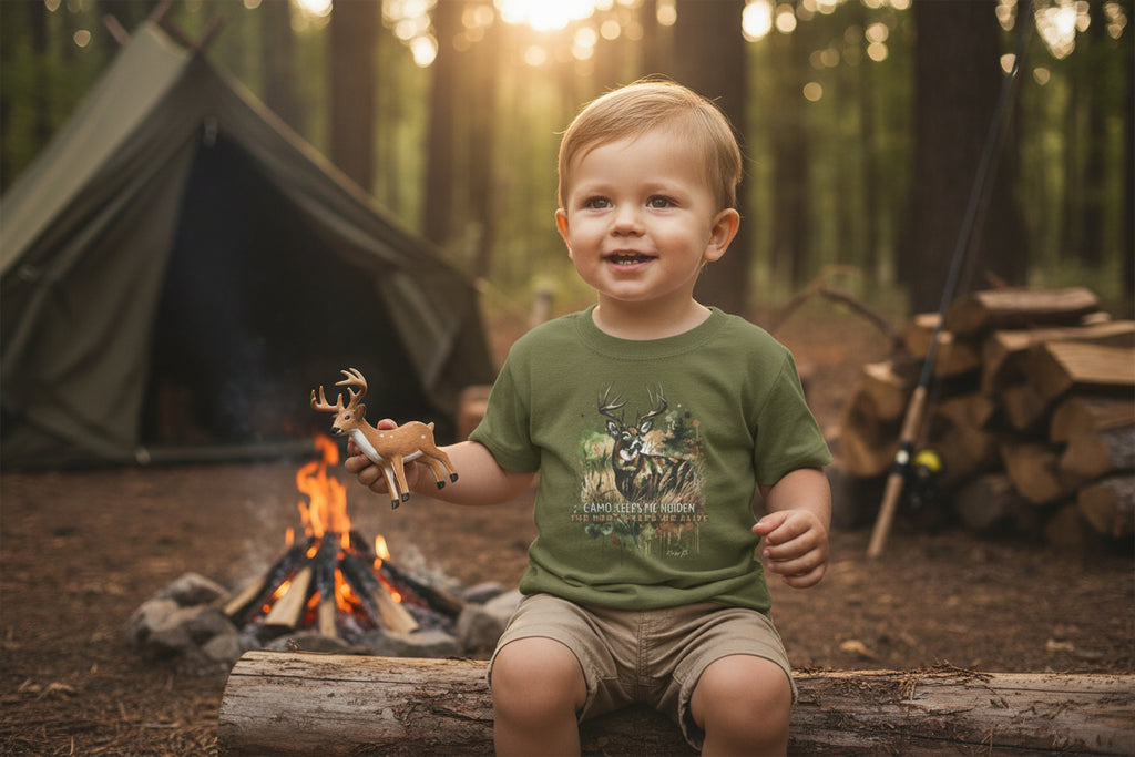 Toddler Camo Keeps Me Hidden T-Shirt – Deer Hunting Graphic Tee for Toddlers | Natty J’s Outdoor Apparel