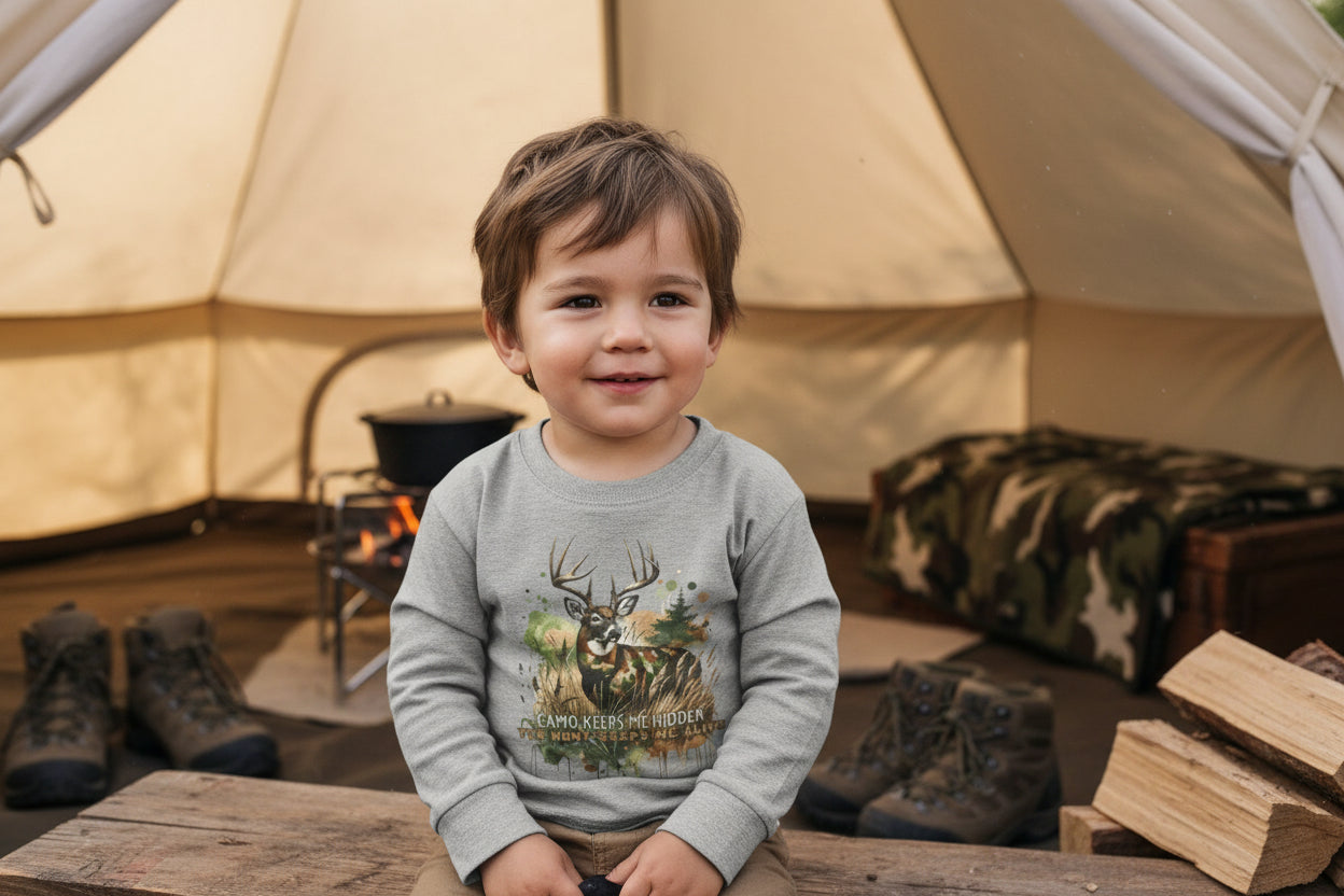 Toddler Camo Keeps Me Hidden Long Sleeve Shirt – Deer Hunting Graphic Long Sleeve Tee | Natty J’s