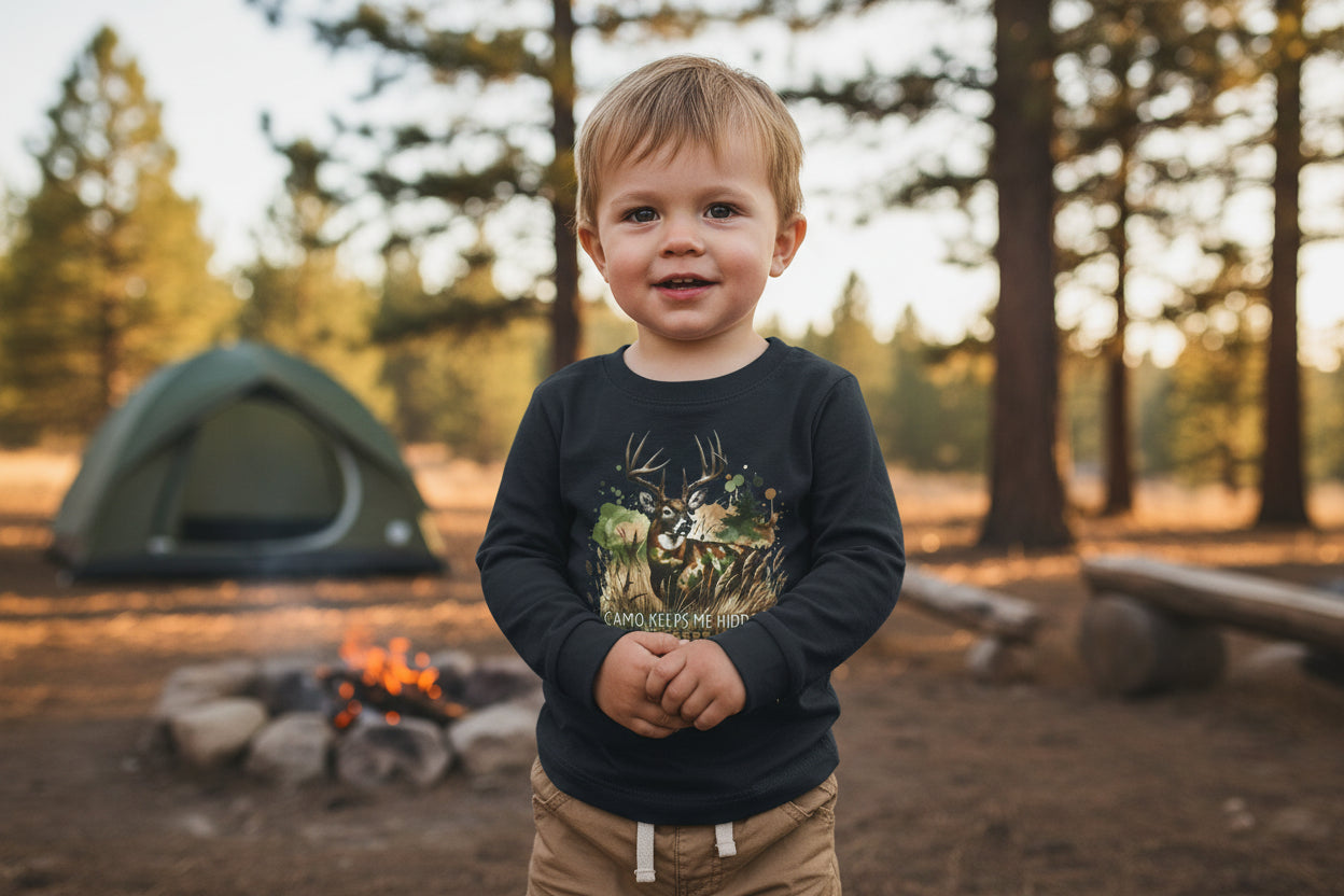 Toddler Camo Keeps Me Hidden Long Sleeve Shirt – Deer Hunting Graphic Long Sleeve Tee | Natty J’s