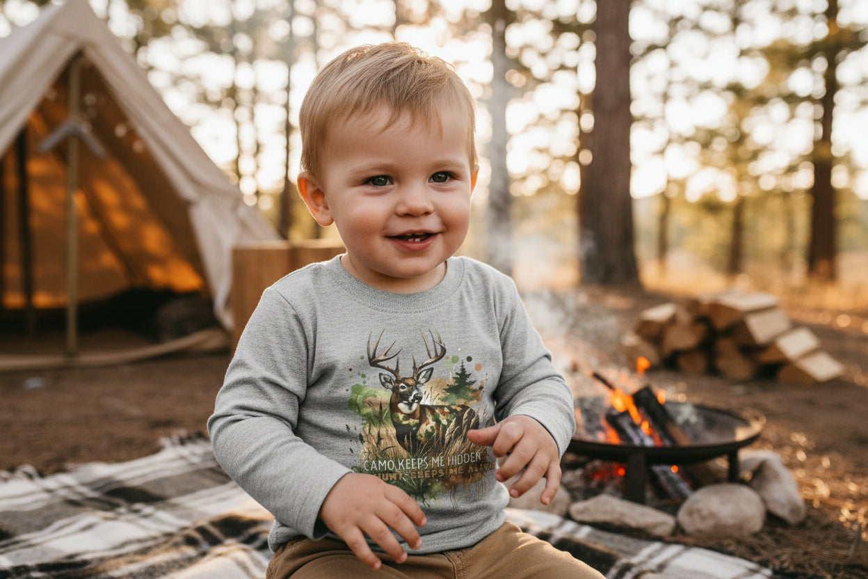 Toddler Camo Keeps Me Hidden Long Sleeve Shirt – Deer Hunting Graphic Long Sleeve Tee | Natty J’s