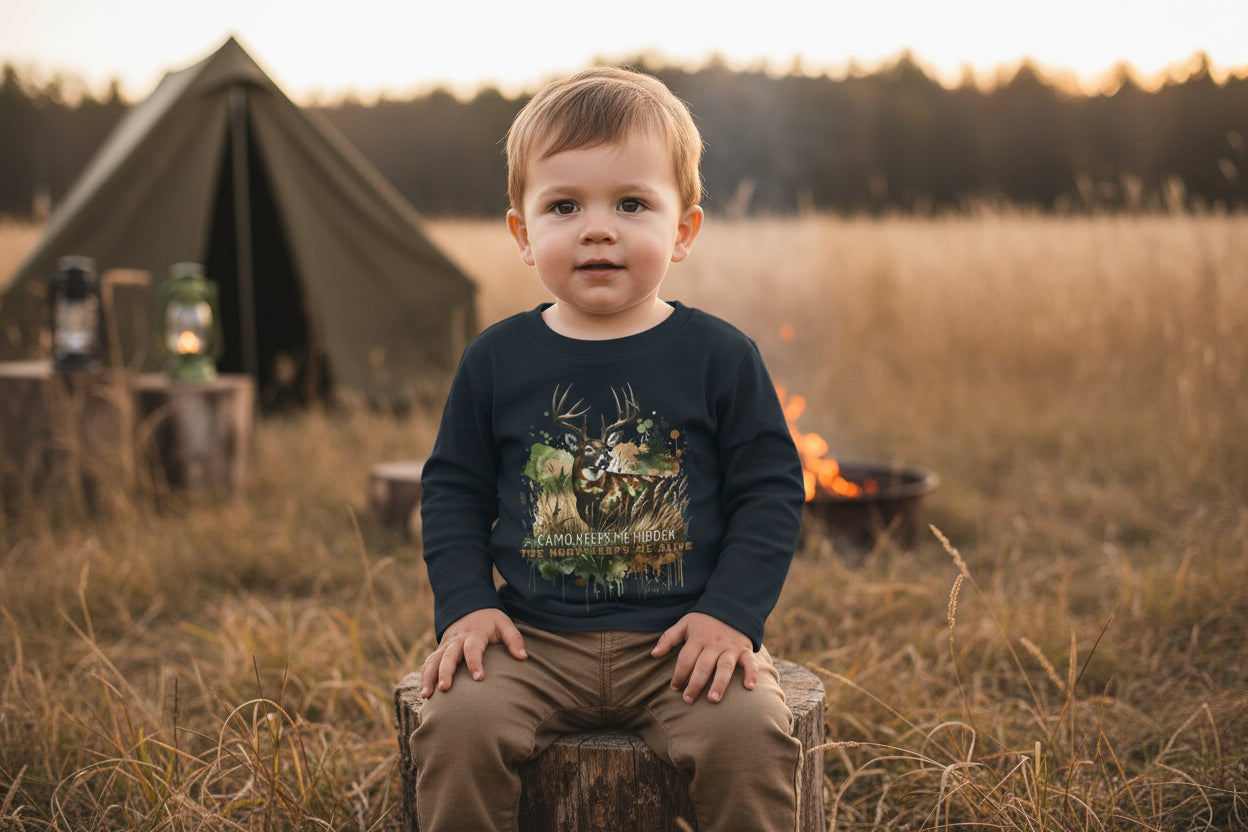 Toddler Camo Keeps Me Hidden Long Sleeve Shirt – Deer Hunting Graphic Long Sleeve Tee | Natty J’s