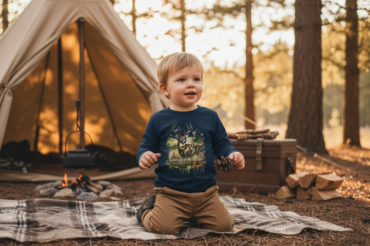 Toddler Camo Keeps Me Hidden Long Sleeve Shirt – Deer Hunting Graphic Long Sleeve Tee | Natty J’s