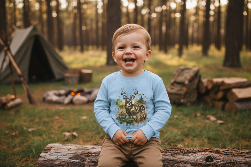 Toddler Camo Keeps Me Hidden Long Sleeve Shirt – Deer Hunting Graphic Long Sleeve Tee | Natty J’s