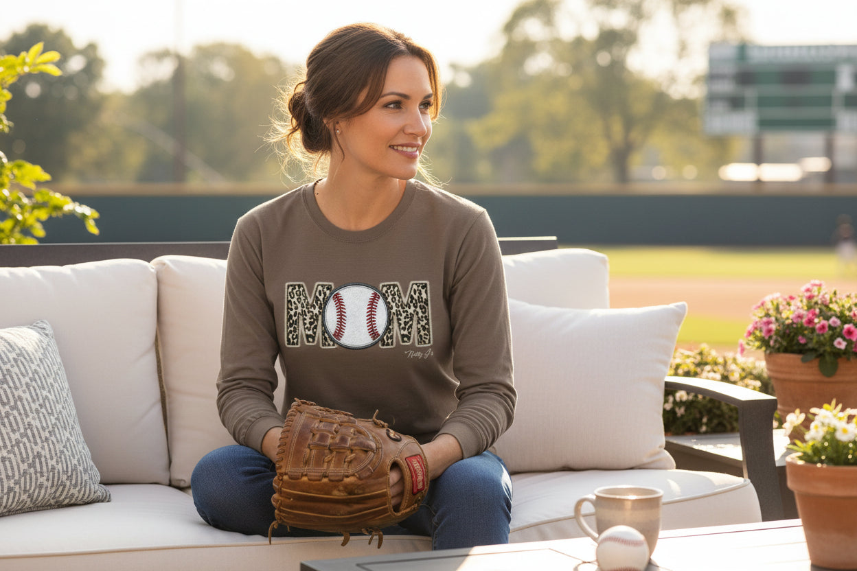 Leopard Baseball MOM Long Sleeve Shirt – Stylish Baseball Mom Graphic Tee | Natty J’s Boutique Apparel