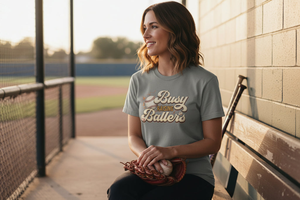 Busy Raising Ballers Baseball Mom T-Shirt – Soft Graphic Tee for Baseball Moms | Natty J’s Apparel