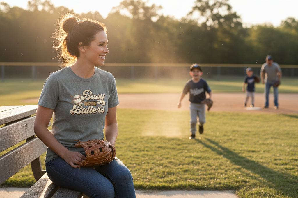 Busy Raising Ballers Baseball Mom T-Shirt – Soft Graphic Tee for Baseball Moms | Natty J’s Apparel