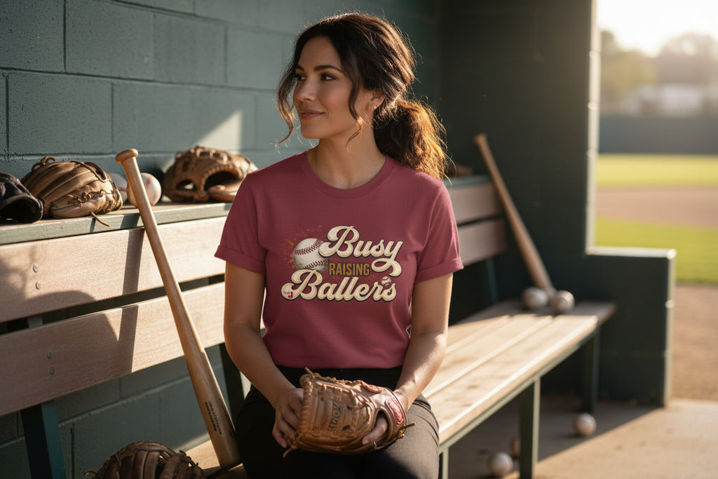 Busy Raising Ballers Baseball Mom T-Shirt – Soft Graphic Tee for Baseball Moms | Natty J’s Apparel