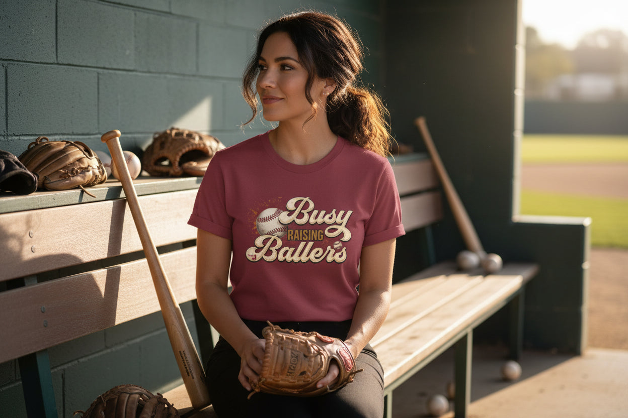 Busy Raising Ballers Baseball Mom T-Shirt – Soft Graphic Tee for Baseball Moms | Natty J’s Apparel