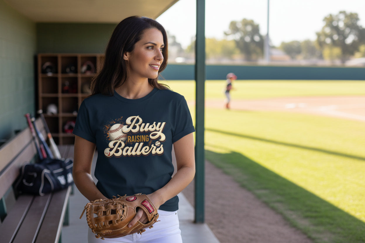 Busy Raising Ballers Baseball Mom T-Shirt – Soft Graphic Tee for Baseball Moms | Natty J’s Apparel