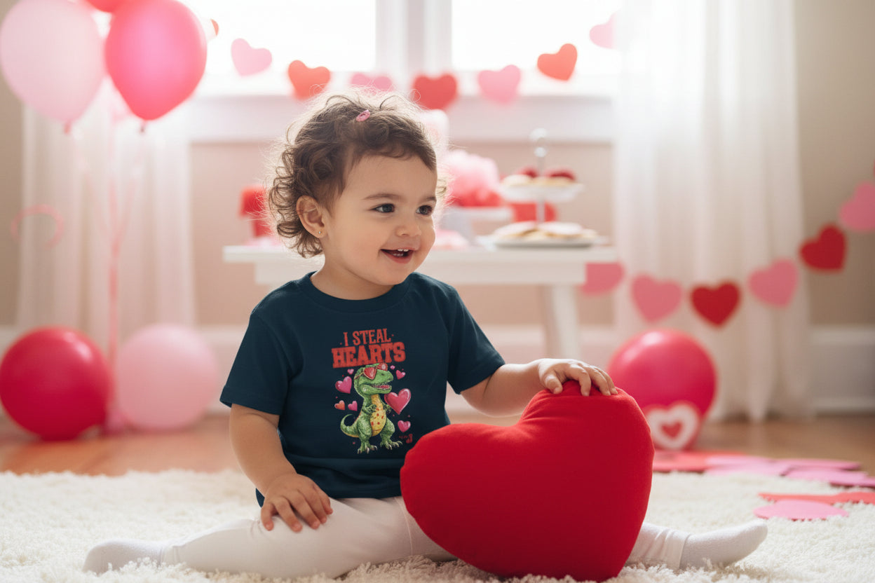 I Steal Hearts Toddler Shirt – Cute Valentine Dinosaur T-Shirt for Boys & Girls, Funny Valentine’s Day Outfit, Toddler Graphic Tee