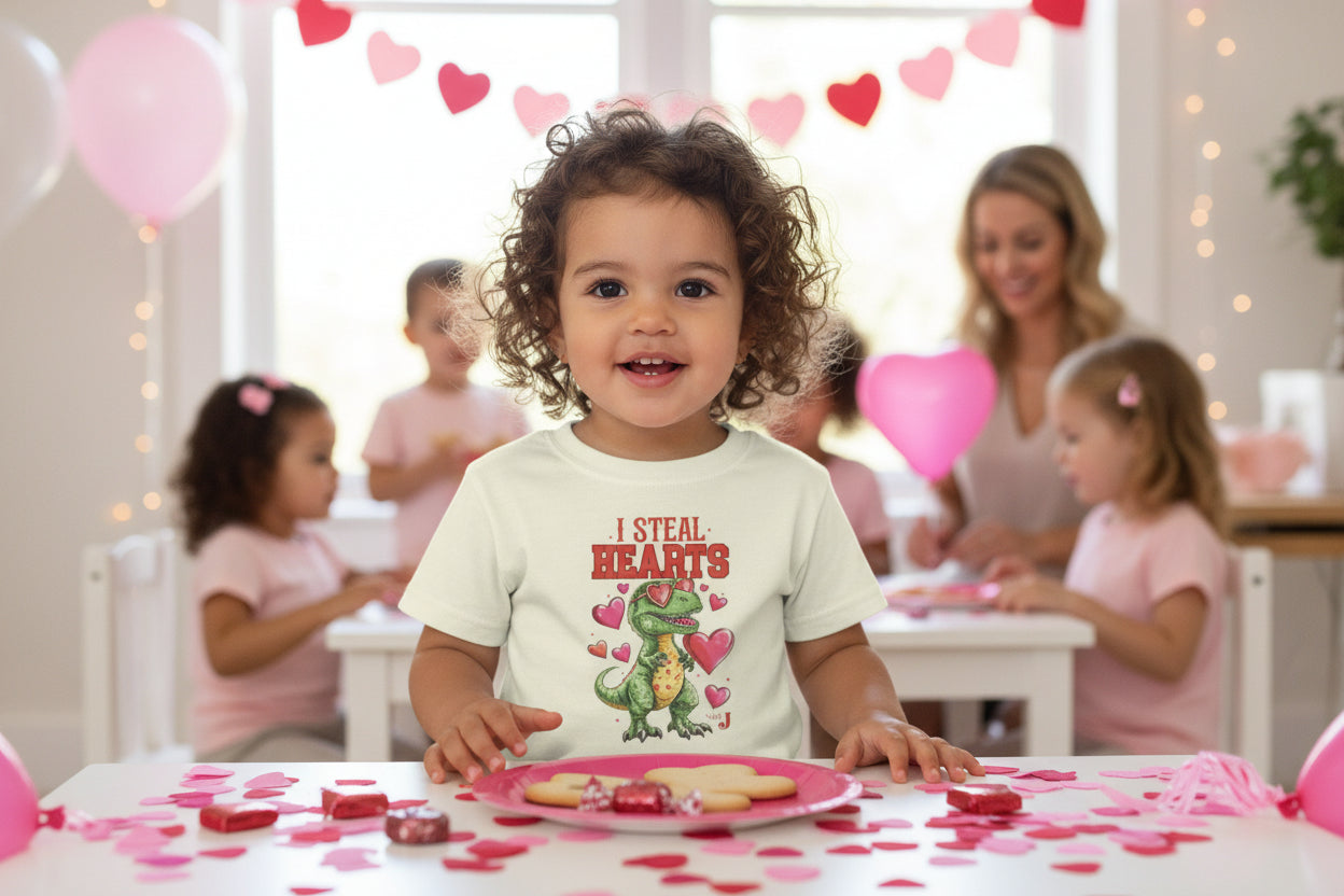 I Steal Hearts Toddler Shirt – Cute Valentine Dinosaur T-Shirt for Boys & Girls, Funny Valentine’s Day Outfit, Toddler Graphic Tee