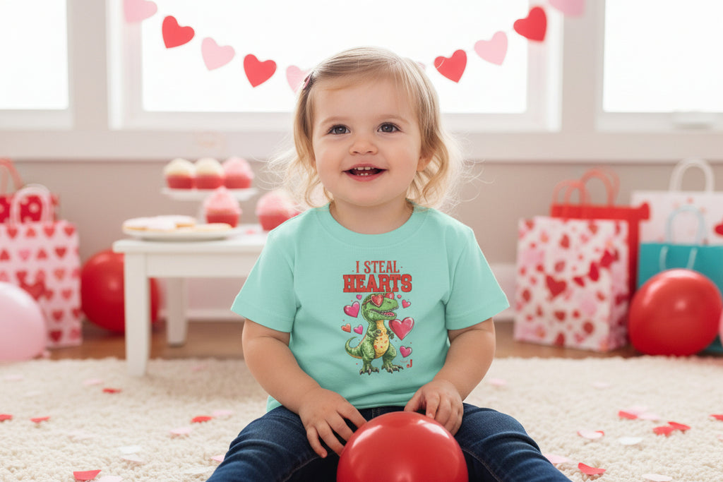 I Steal Hearts Toddler Shirt – Cute Valentine Dinosaur T-Shirt for Boys & Girls, Funny Valentine’s Day Outfit, Toddler Graphic Tee