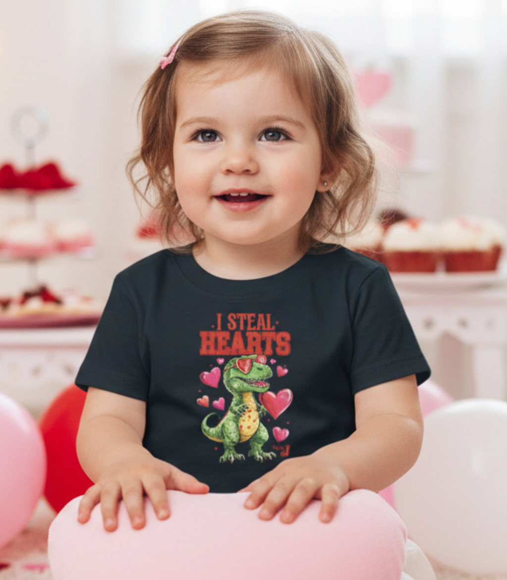 I Steal Hearts Toddler Shirt – Cute Valentine Dinosaur T-Shirt for Boys & Girls, Funny Valentine’s Day Outfit, Toddler Graphic Tee